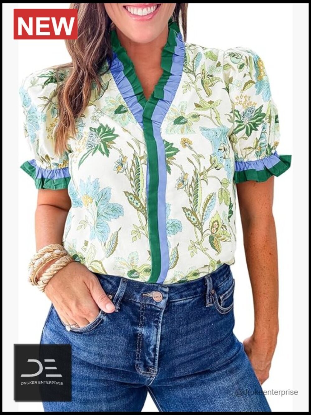 Puff Short Sleeve Ruffle V-Neck Button Down Shirt Blouse Boho Patchwork